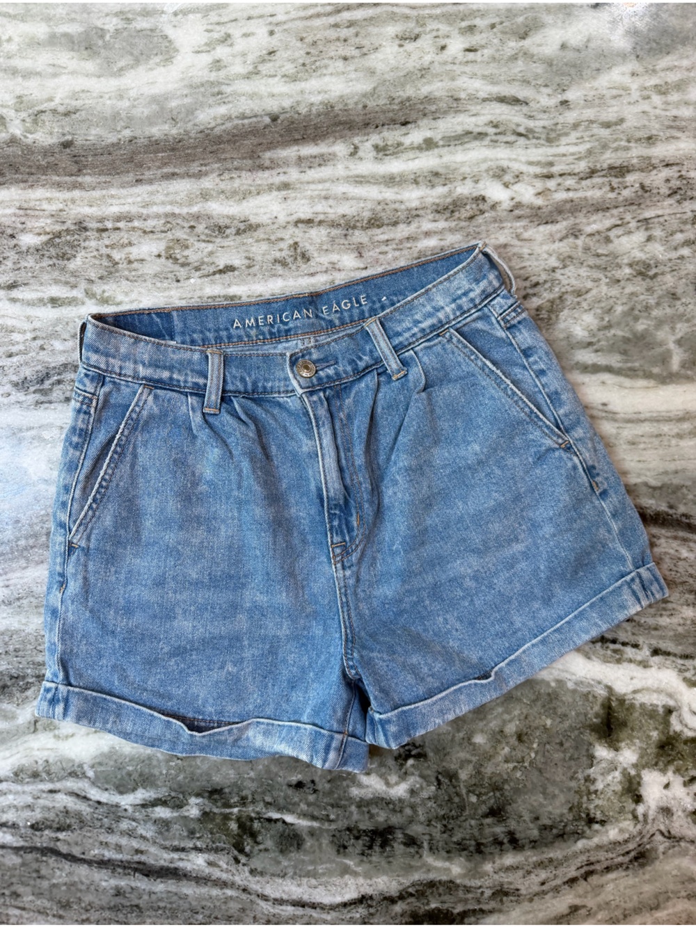American Eagle “Mom Short” High-Rise Light Blue Denim Shorts